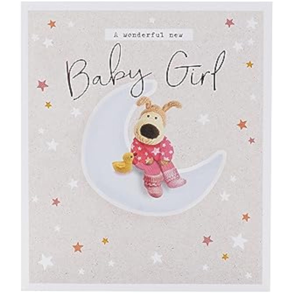 UK Greetings Boofle new baby girl greeting card for friend or couple with a cute, colorful design and adorable Boofle character.
