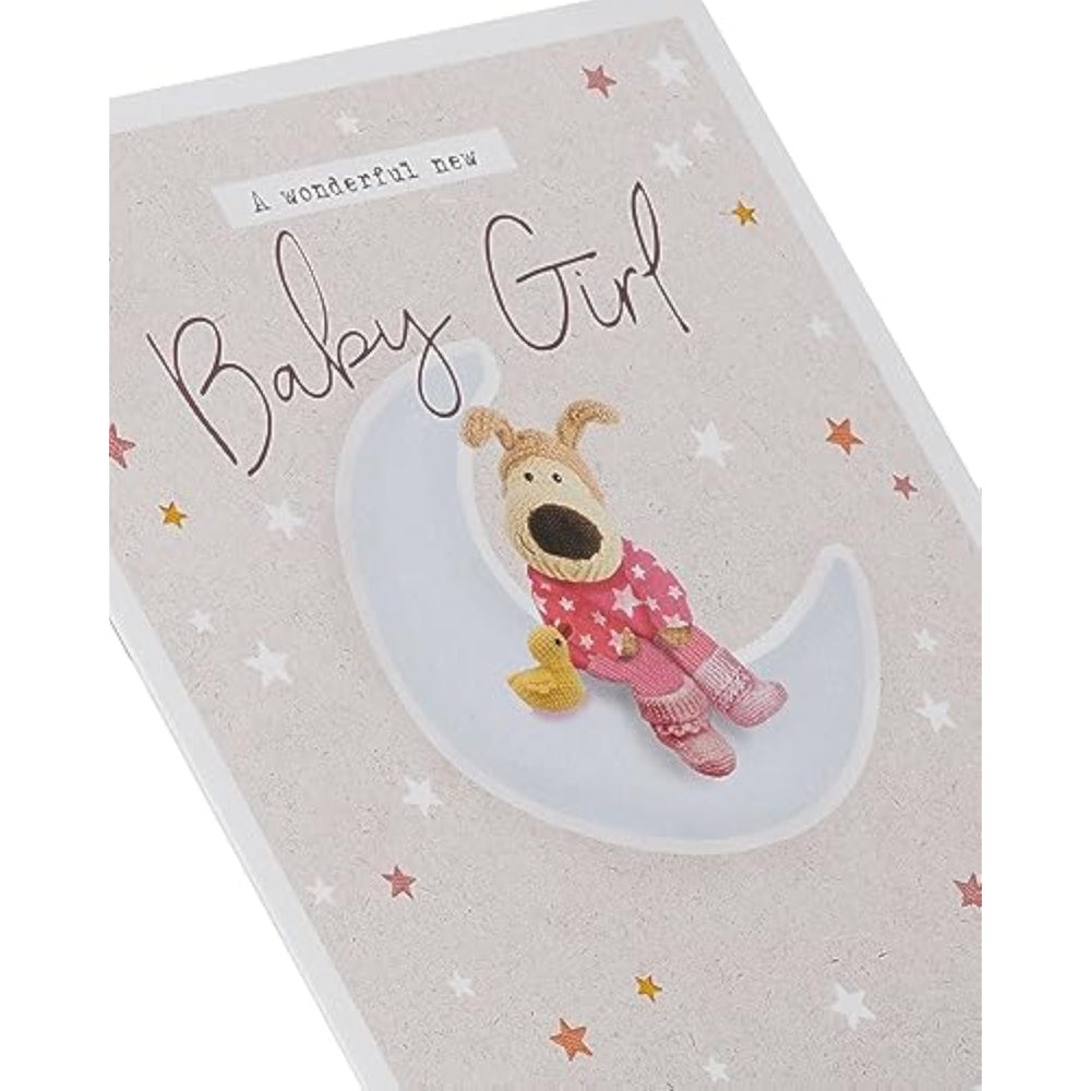 UK Greetings Boofle new baby girl greeting card for friends or couples with a cute design, perfect for celebrating a new arrival.