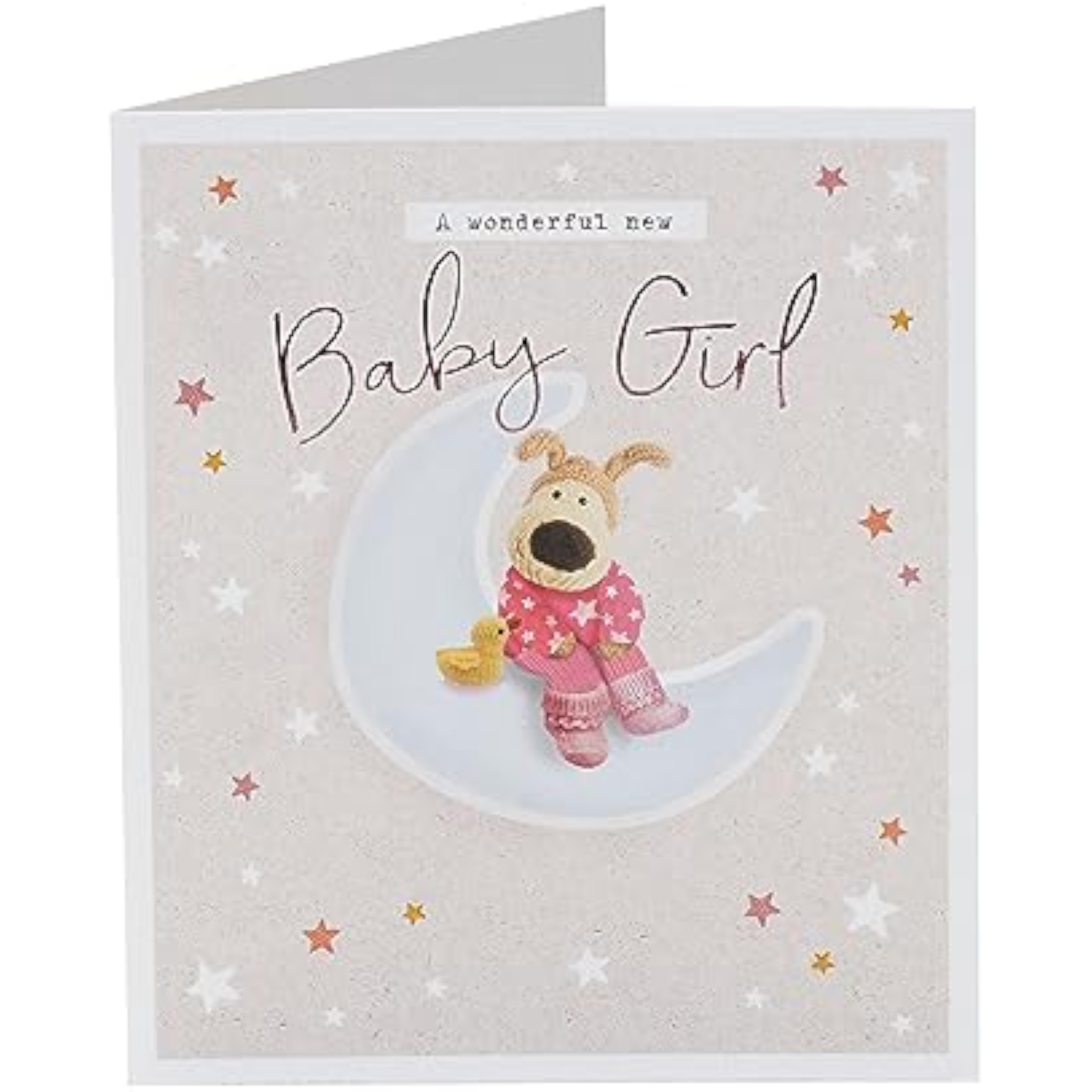 UK Greetings Boofle new baby girl greeting card for friend or couple, featuring a cute and colorful design.