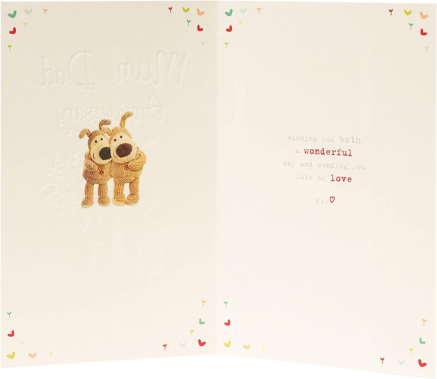 UK Greetings Boofle wedding day anniversary greeting card featuring adorable Boofle characters and heartfelt message for parents.
