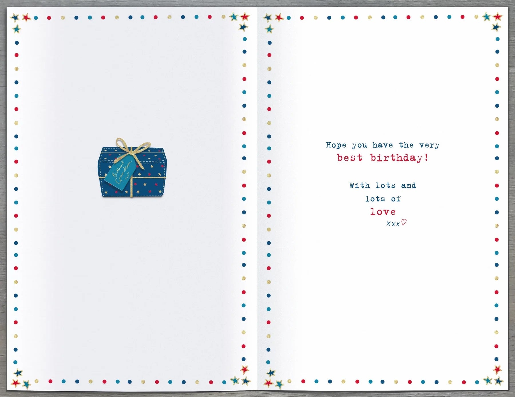 UK Greetings Boofle birthday card featuring a present design, suitable for a grandson's birthday celebration.