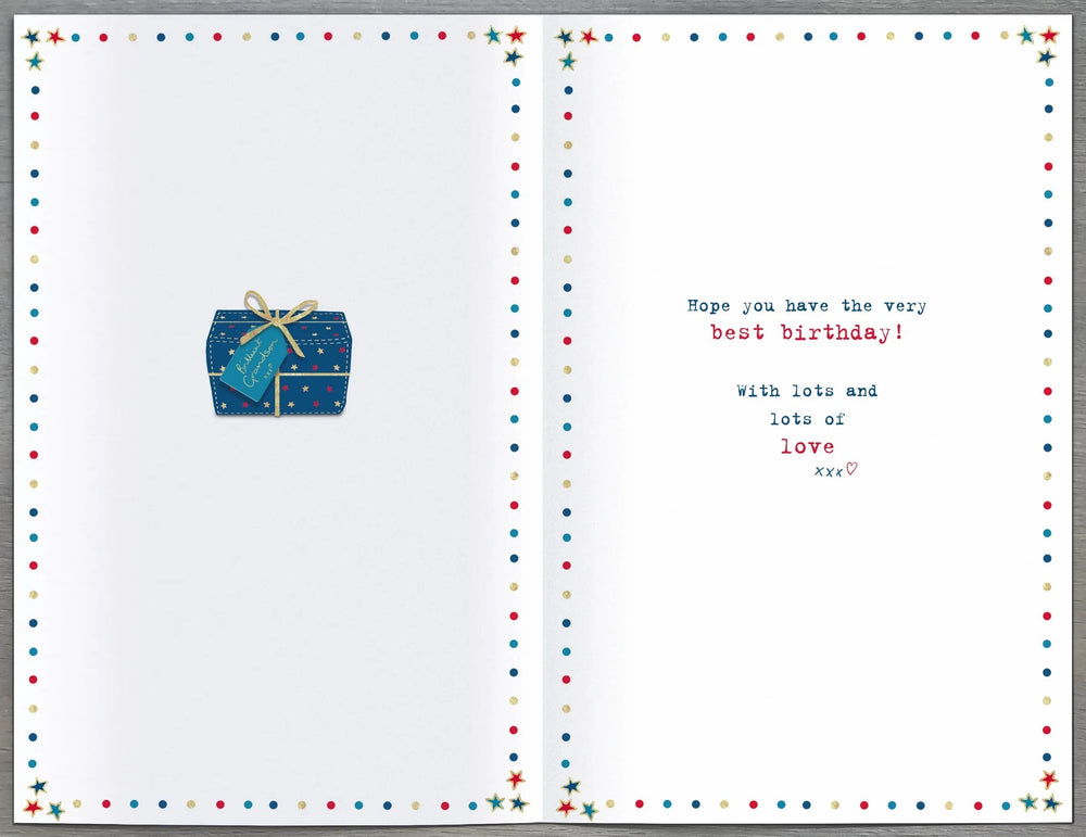 UK Greetings Boofle birthday card featuring a present design, suitable for a grandson's birthday celebration.
