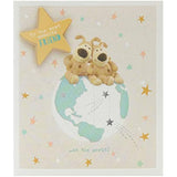 UK Greetings Boofle birthday greeting card featuring Boofle sitting on the world with birthday message for a friend.