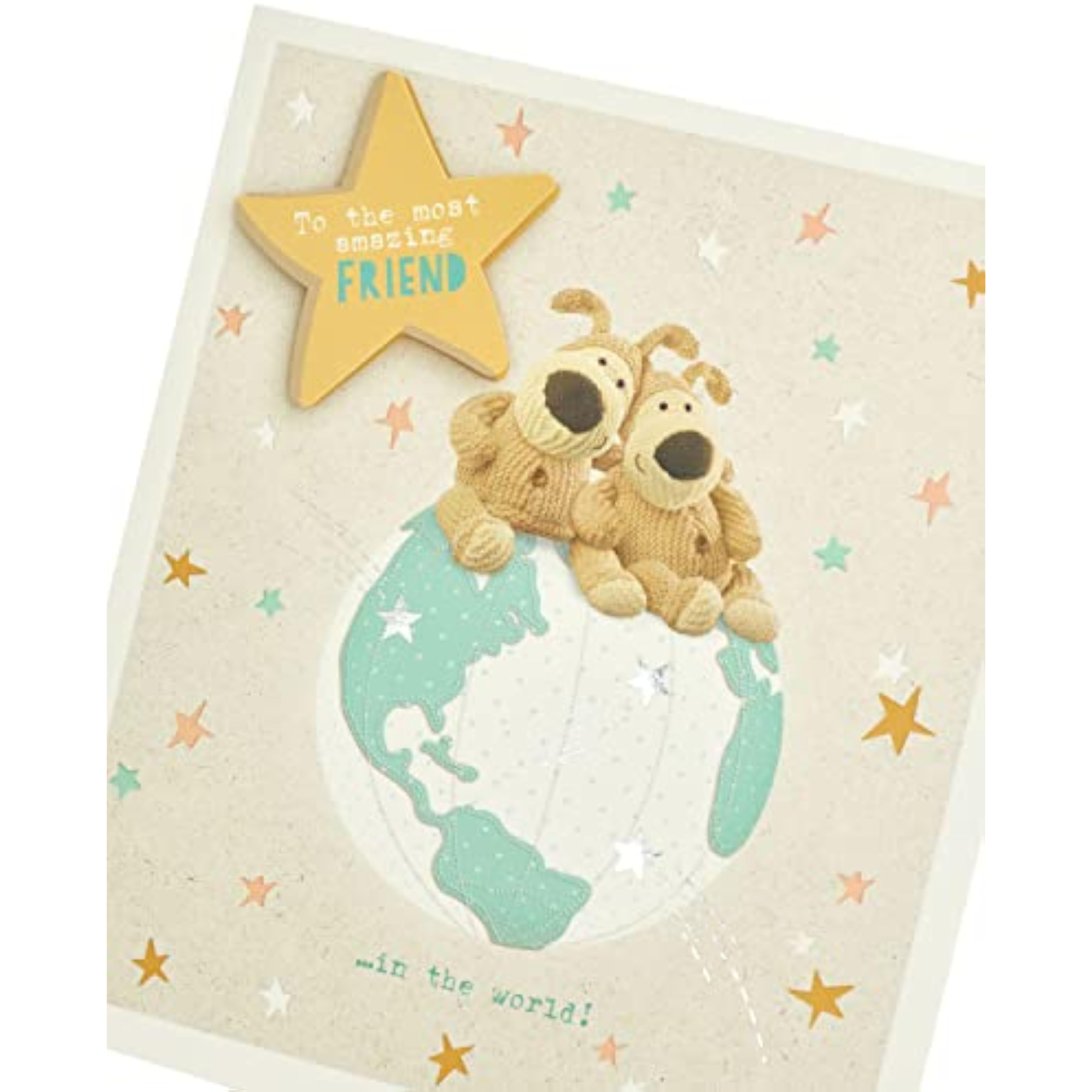 UK Greetings Boofle birthday greeting card featuring Boofle sitting on top of the world for an amazing friend.