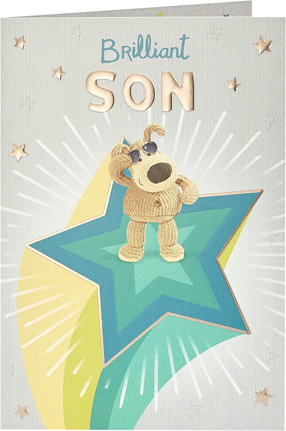 UK Greetings Boofle standing on star birthday greeting card for son, featuring colorful design and cheerful illustration.
