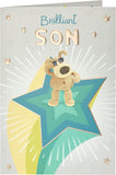 UK Greetings Boofle standing on star birthday greeting card for son, featuring colorful design and cheerful illustration.
