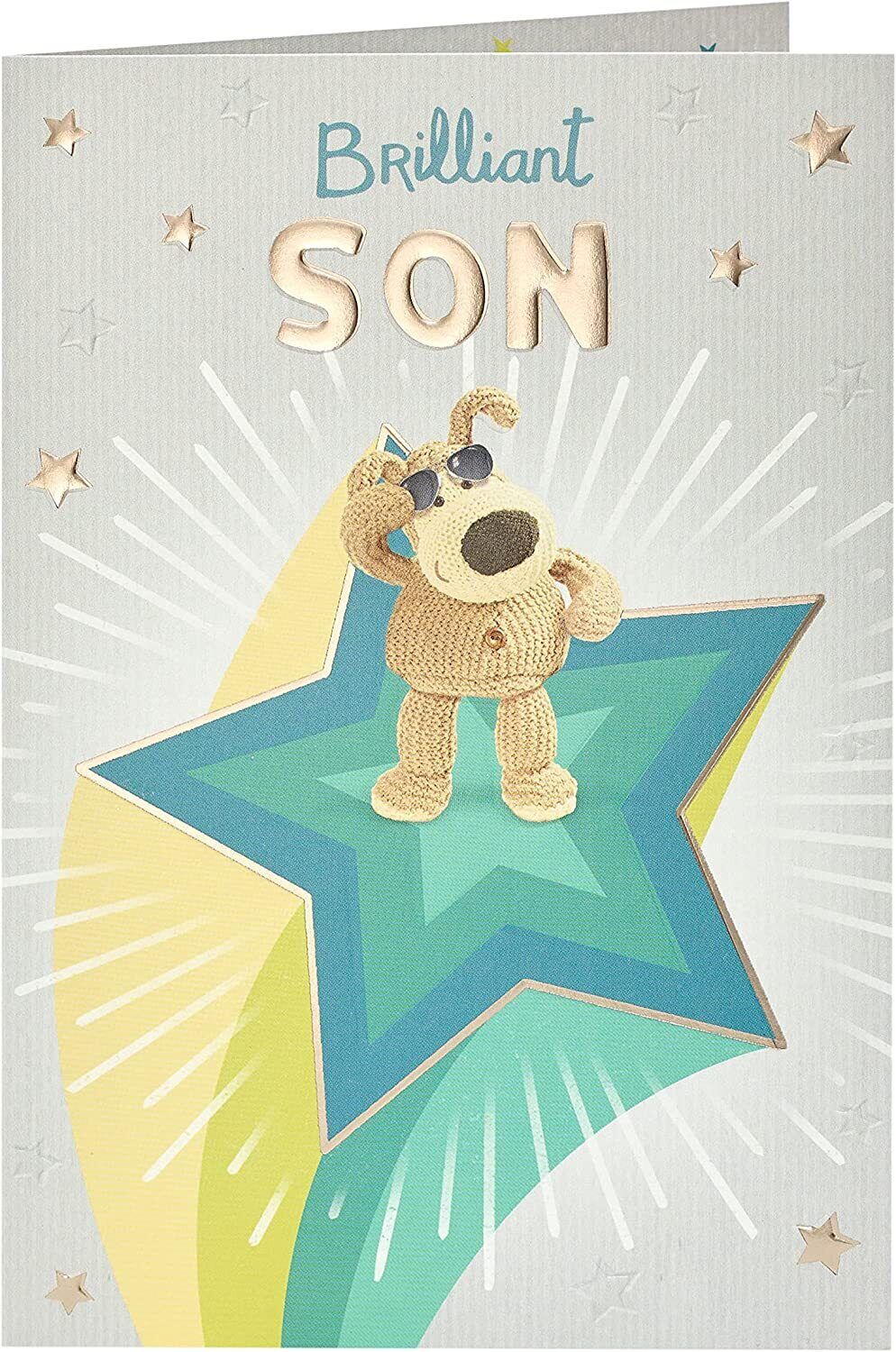 UK Greetings Boofle birthday card featuring Boofle standing on a star for a cheerful son birthday greeting.