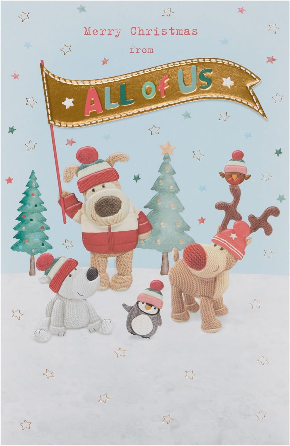 UK Greetings Boofle Christmas greeting card featuring Boofle holding a flag with animal friends, ideal for holiday cheer.