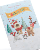 UK Greetings Boofle Christmas greeting card featuring Boofle holding a flag with adorable animal friends.