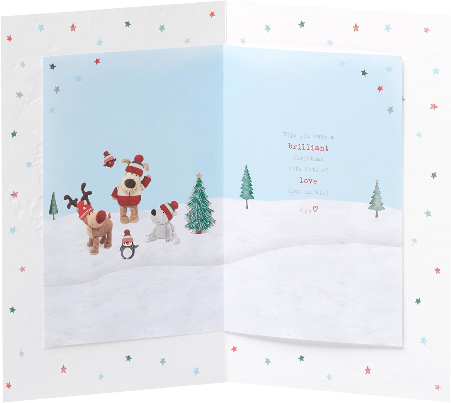 UK Greetings Boofle Christmas greeting card featuring Boofle holding a flag with animal friends and festive holiday design.