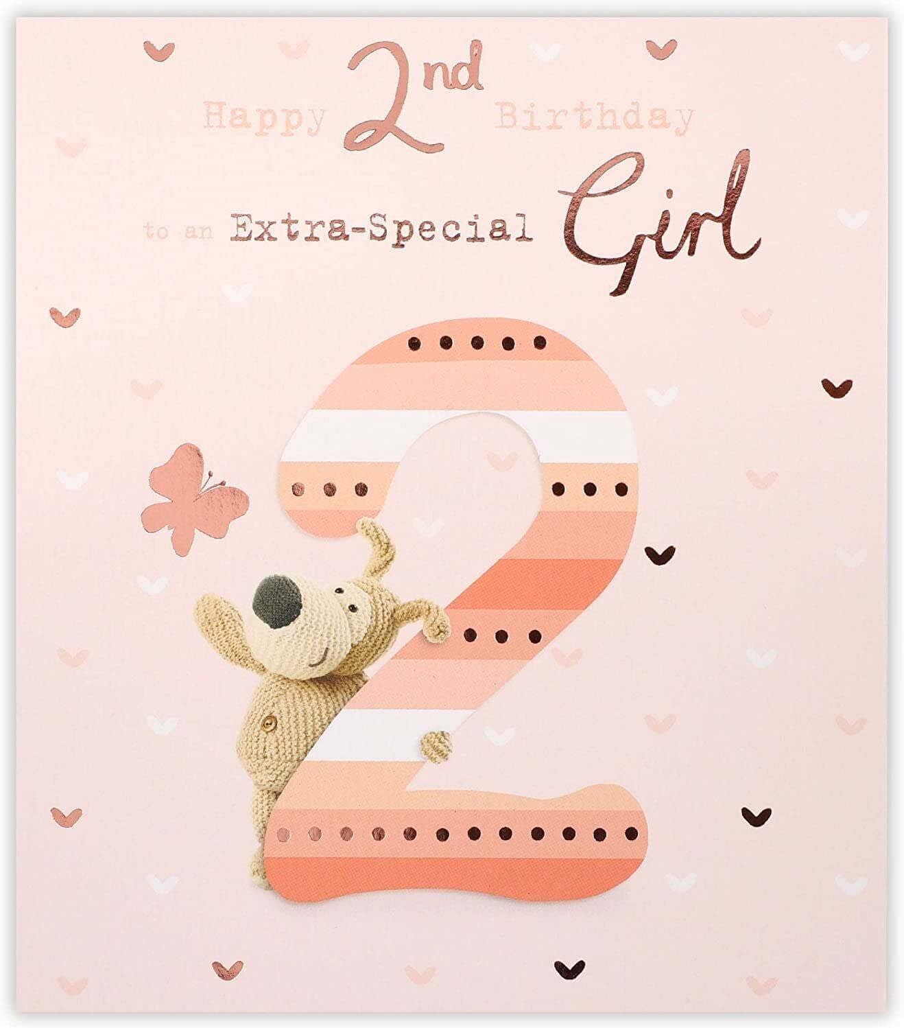 UK Greetings Boofle 2nd Birthday Card featuring a cute cartoon boofle holding a butterfly on the front.
