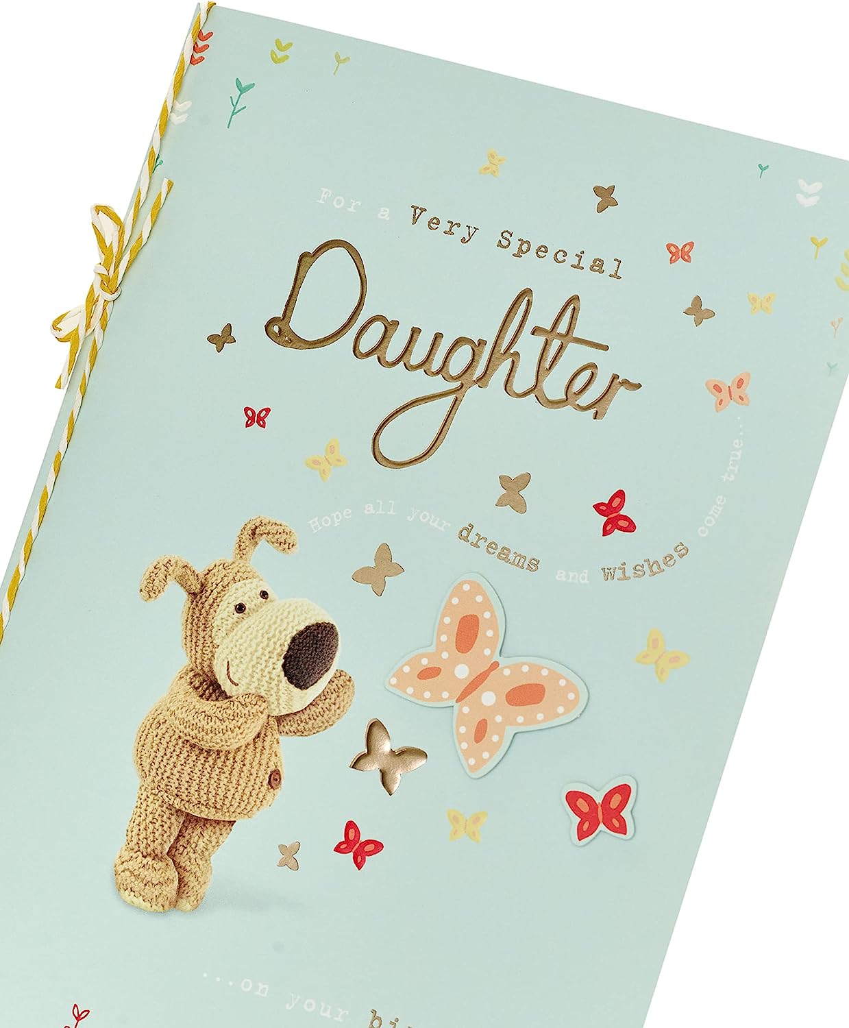 UK Greetings Boofle butterfly daughter birthday card featuring colorful floral design and adorable character illustration.