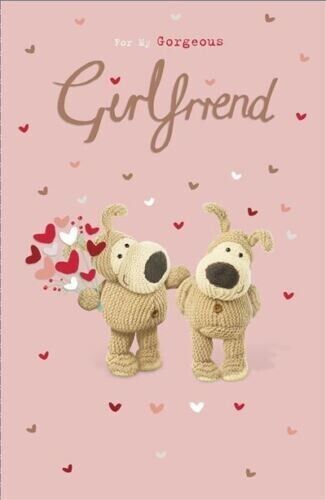 UK Greetings Boofle Valentine's Day greeting card featuring a heart bouquet for a gorgeous girlfriend