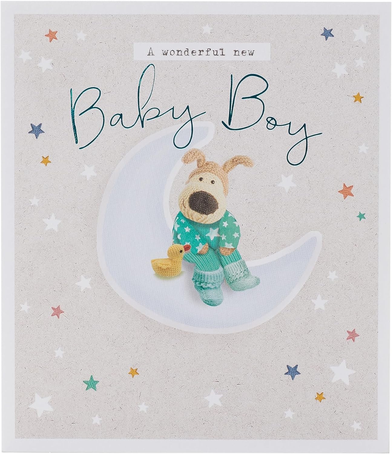 UK Greetings Boofle New Baby Boy greeting card featuring adorable Boofle character with colorful design and heartfelt message