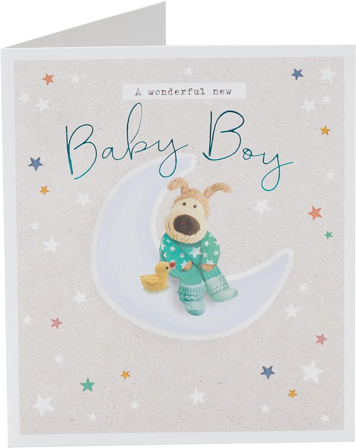 UK Greetings Boofle new baby boy greeting card with adorable Boofle character and cheerful design for celebrating a newborn.