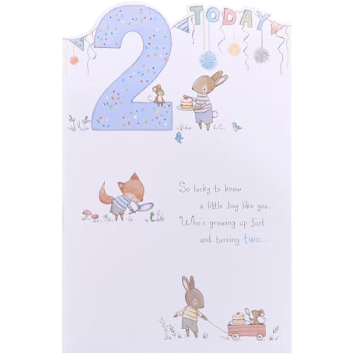 UK Greetings boy 2nd birthday card with colorful design and playful illustrations for celebrating a young child's special day.