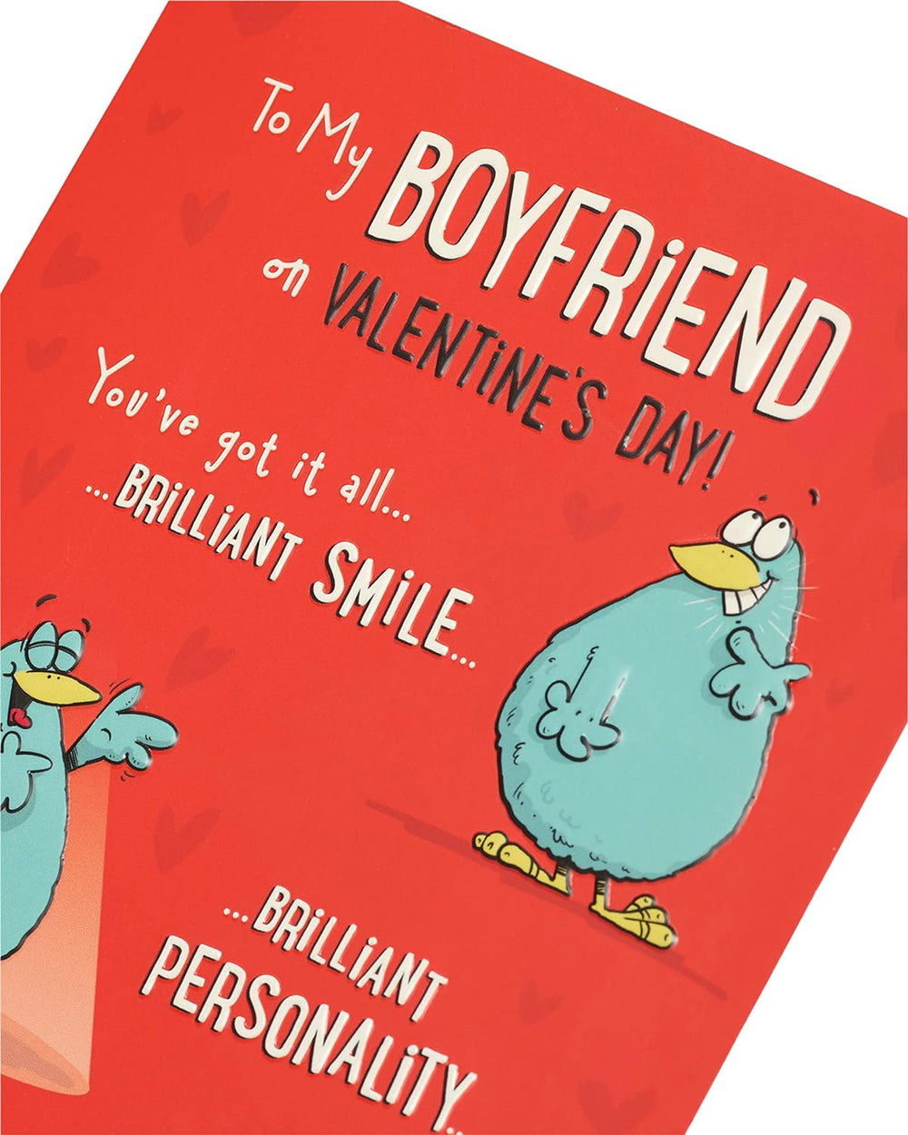 UK Greetings funny Valentine's Day card for boyfriend with playful message, featuring colorful illustrations and romantic design.