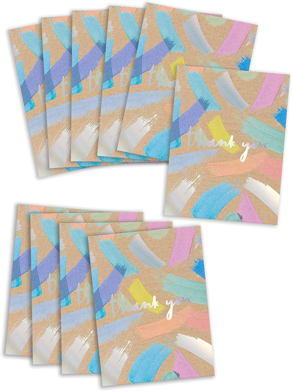 Set of 10 UK Greetings bright holographic thank you greeting cards with vibrant, reflective designs and heartfelt messages.