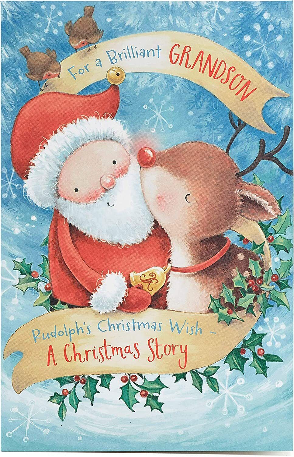 UK Greetings Christmas greeting card featuring Rudolph and Santa design from the Brilliant Grandson storybook series.
