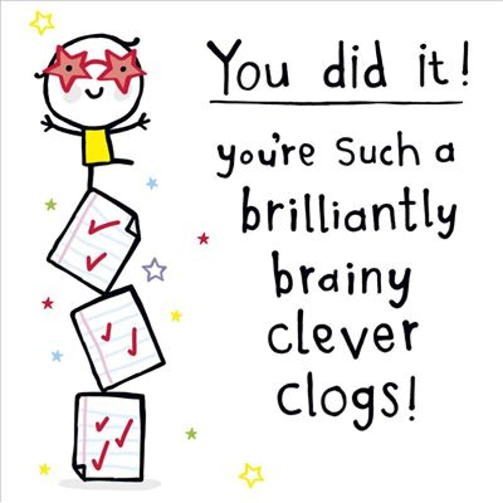 UK Greetings Brilliantly Brainy Clever Clogs greeting card featuring colorful cartoon clogs and playful design for special occasions.
