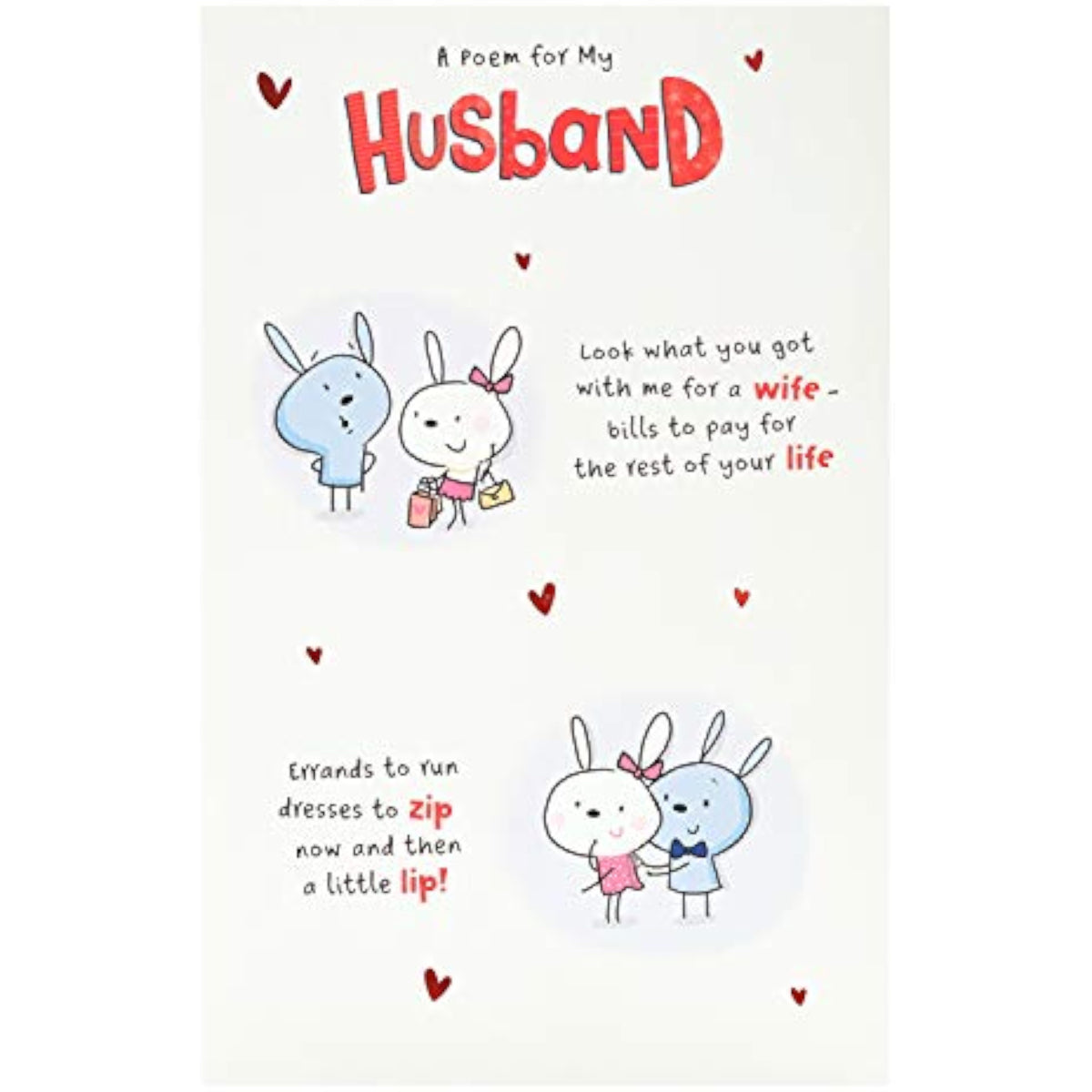 UK Greetings Bunny Husband Valentine’s Day Card with poem, featuring cute bunny illustration and heartfelt message for a loved one.