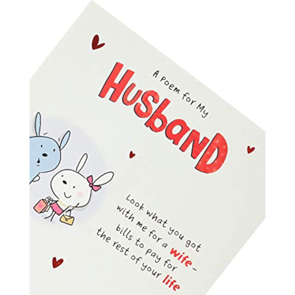 UK Greetings Bunny Husband Valentine's Day Card featuring a cute bunny illustration and heartfelt poem inside.