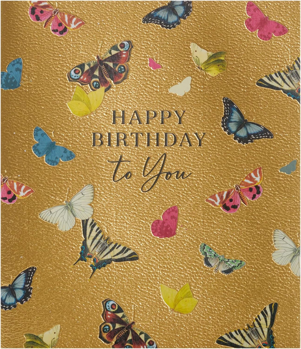 UK Greetings butterflies design birthday card showing colorful butterfly illustrations on a cheerful greeting card.