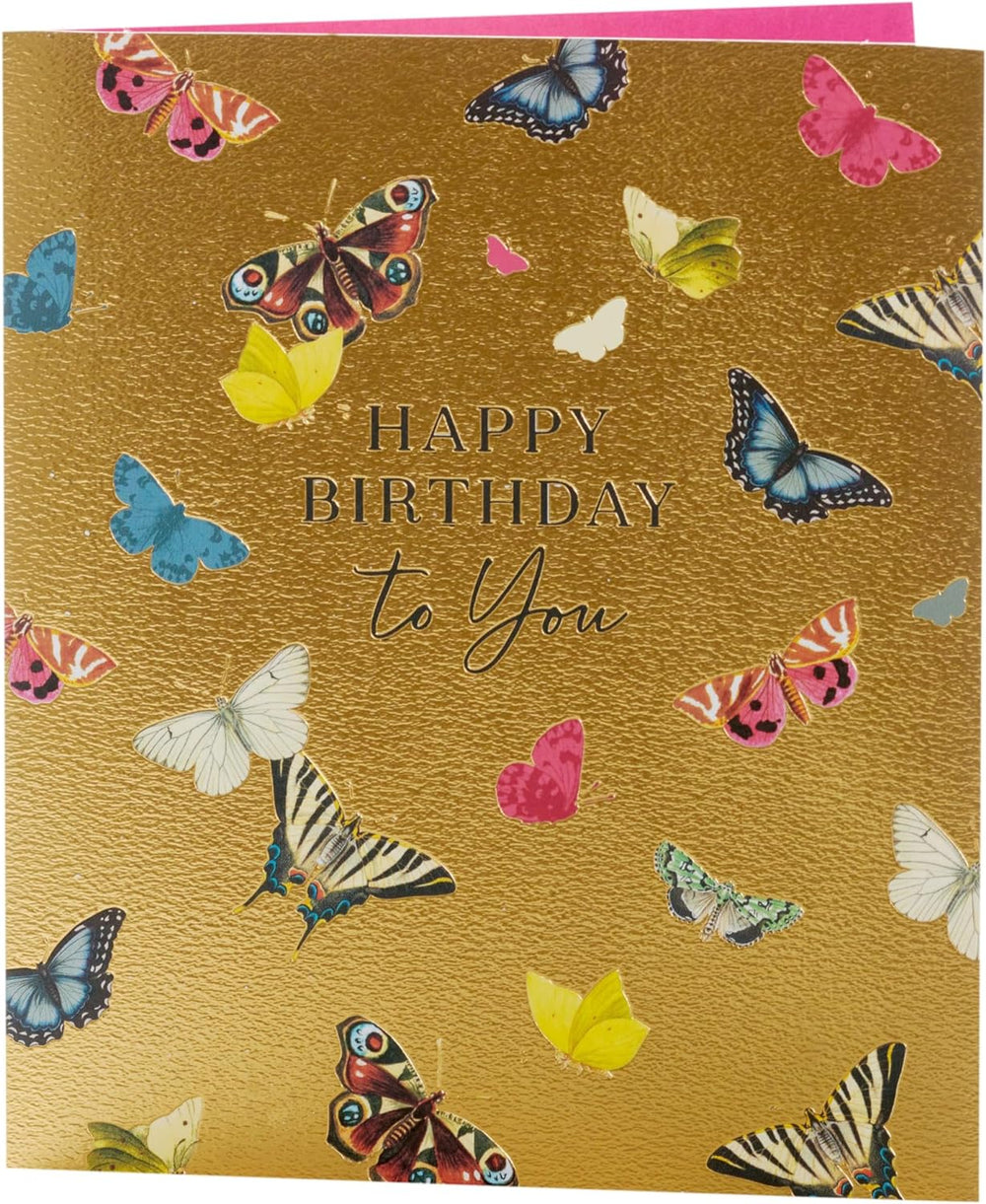 UK Greetings butterflies design birthday card featuring colorful butterfly illustrations on a cheerful greeting card.