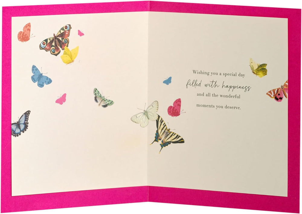 UK Greetings butterflies design birthday card featuring colorful butterfly illustrations on a cheerful greeting card.