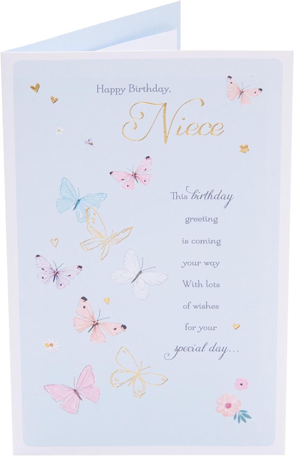 UK Greetings butterflies design niece birthday card showing colorful butterfly illustrations on greeting card.