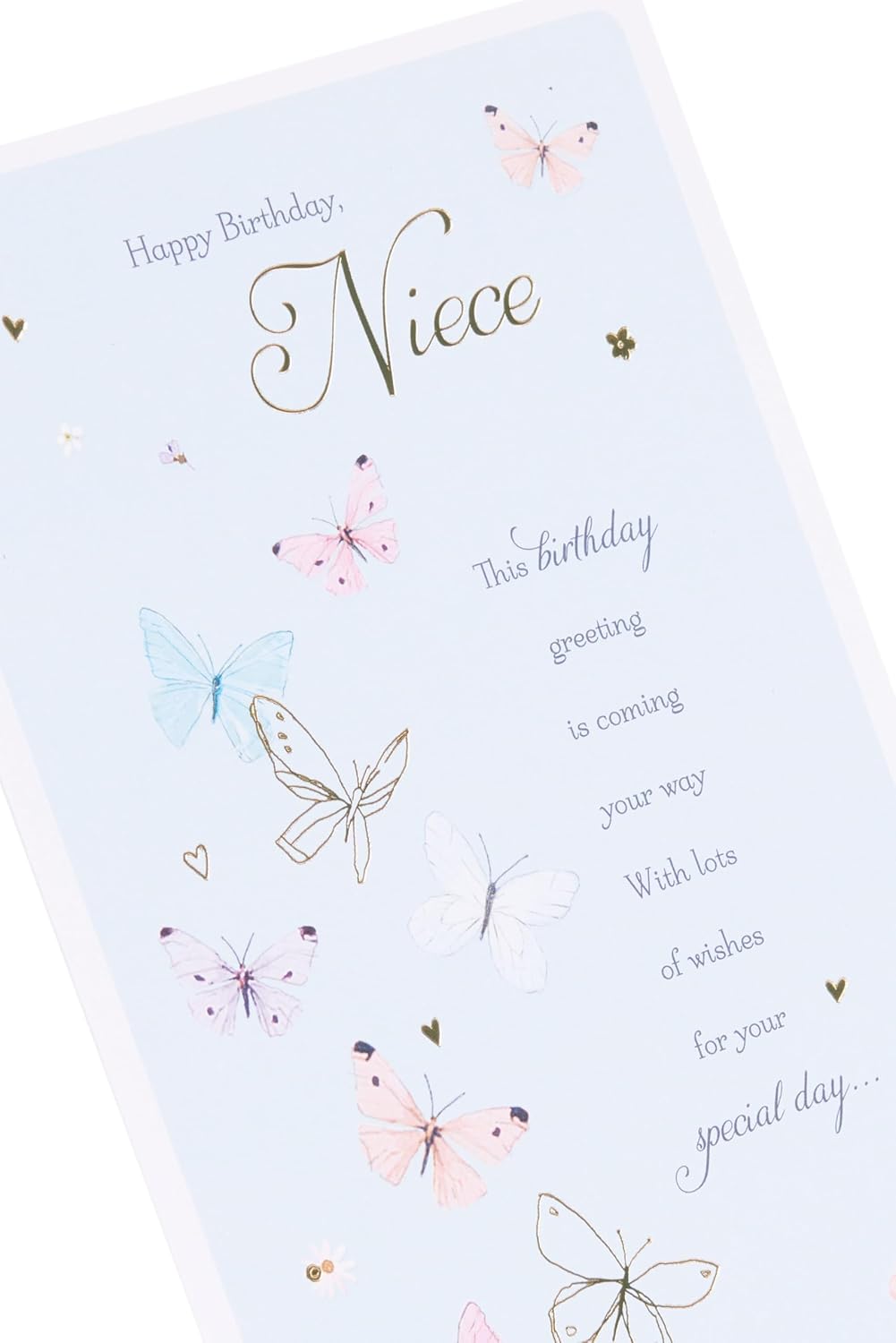 UK Greetings butterflies design niece birthday card featuring colorful butterfly illustrations on a cheerful greeting card.