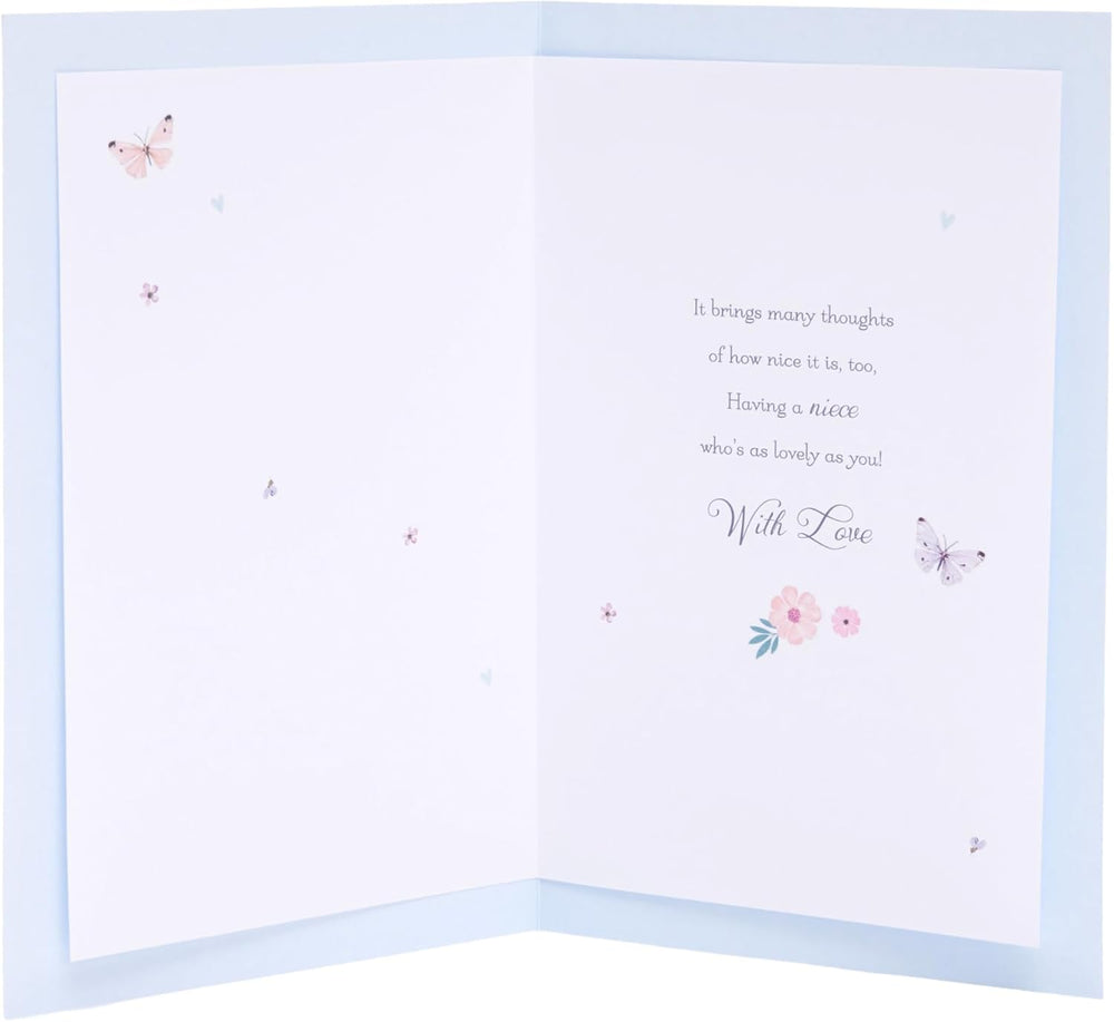 UK Greetings butterflies design niece birthday card featuring colorful butterfly illustrations on a cheerful greeting card.