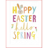 UK Greetings Easter greeting card featuring cheerful "Happy Easter" and "Hello Spring" messages with colorful spring-themed designs.