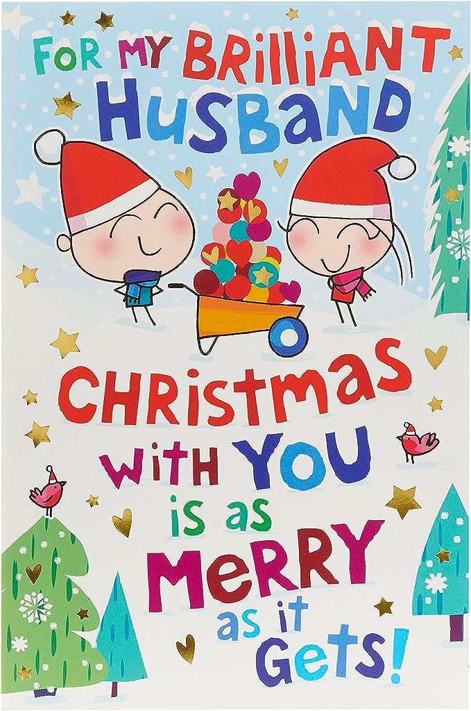 UK Greetings cartoon couple and festive scene Christmas card, featuring colorful holiday-themed illustrations.