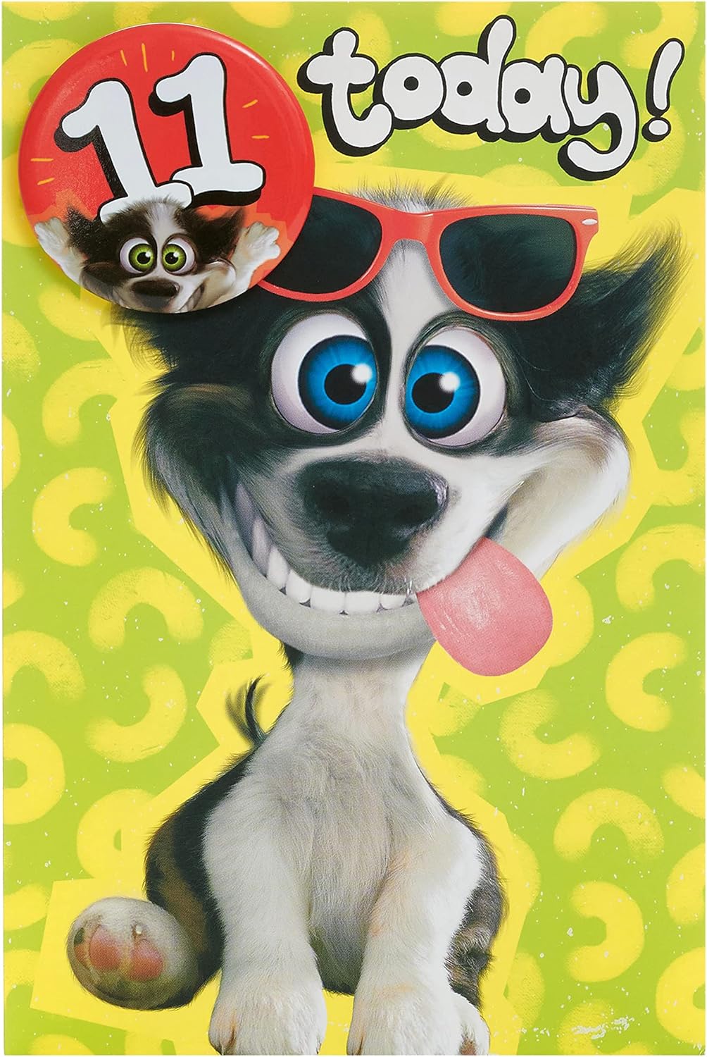 UK Greetings cartoon dog design 11th birthday card featuring a cute dog illustration with a badge, perfect for celebrating a special occasion.