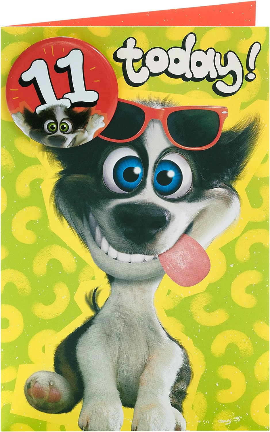 UK Greetings cartoon dog design 11th birthday greeting card with badge, featuring colorful dog illustration and celebratory elements.