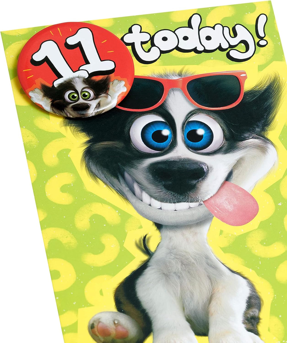 UK Greetings cartoon dog design 11th birthday greeting card featuring a badge and colorful illustration.