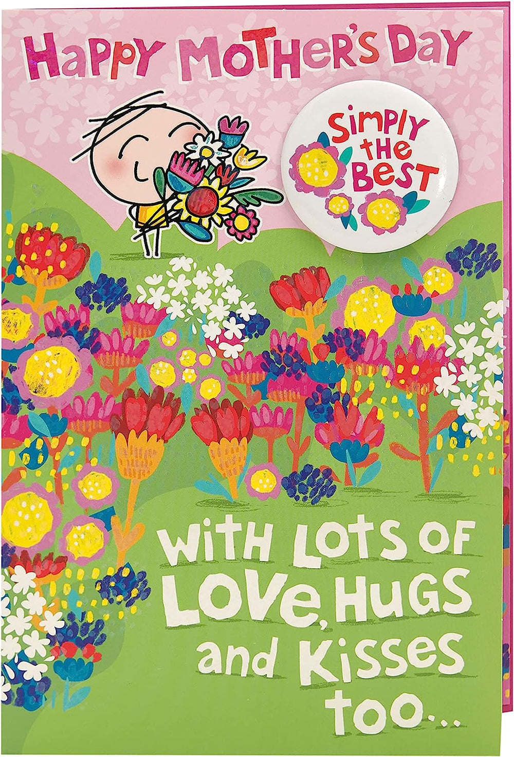UK Greetings cartoon Mother's Day card featuring colorful cartoon design and a matching badge, perfect for celebrating moms.