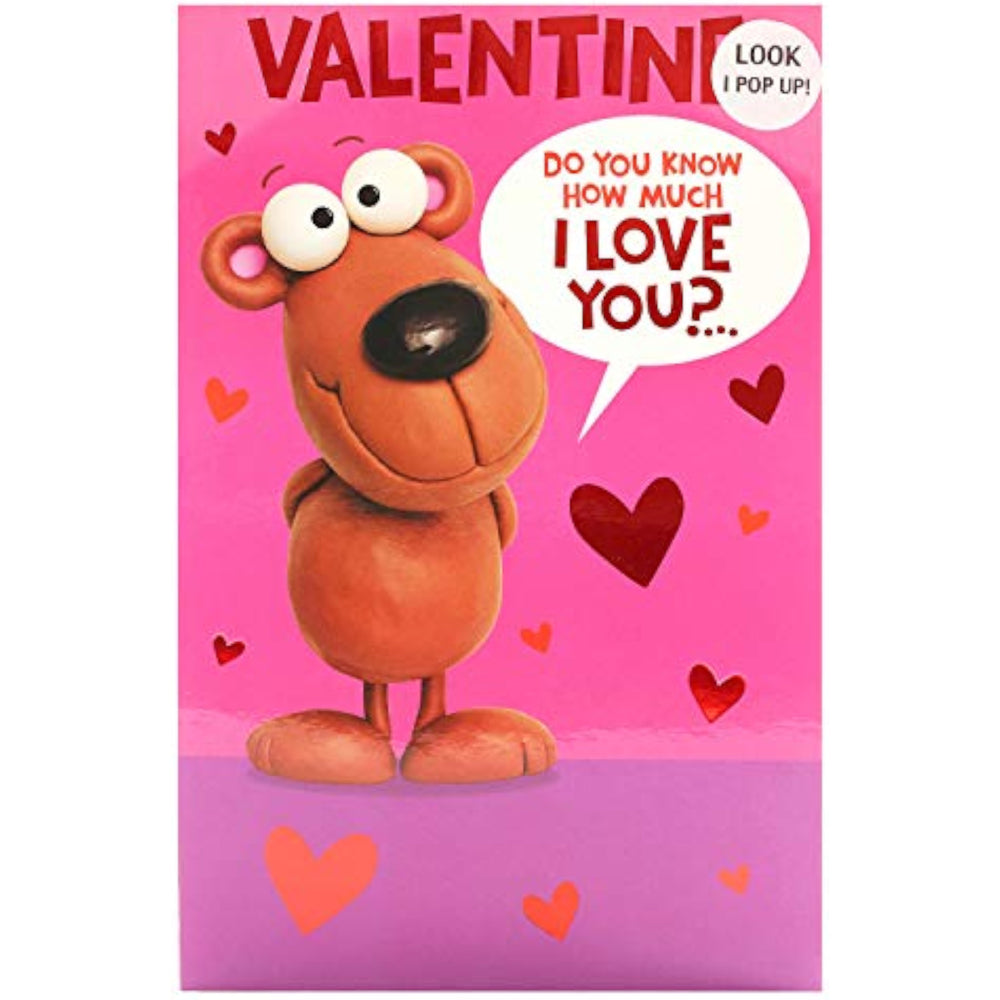 UK Greetings Cartoon Pop-up Valentine's Day Card featuring colorful cartoon characters and festive Valentine's Day design.