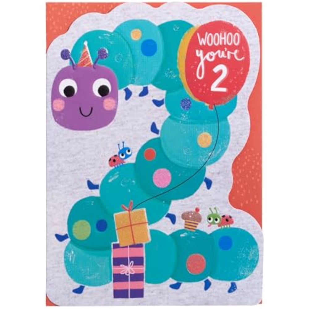 UK Greetings caterpillar design 2nd birthday card featuring colorful caterpillar illustration and cheerful birthday message.