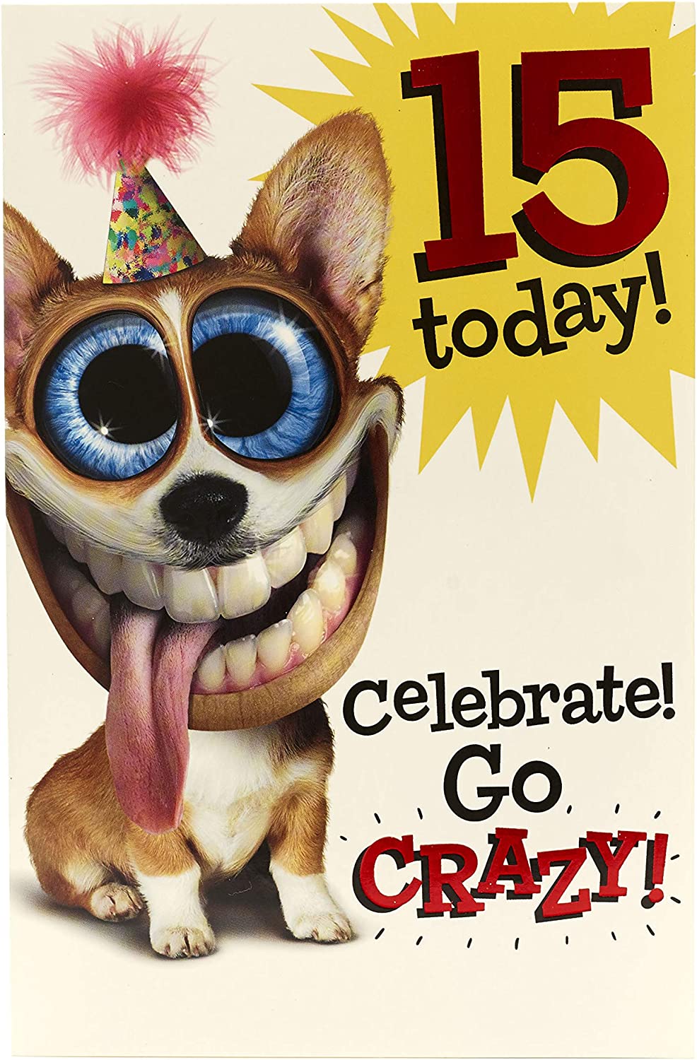 UK Greetings Celebrate Go Crazy 15th Birthday Card with colorful design, perfect for marking a 15th birthday celebration.