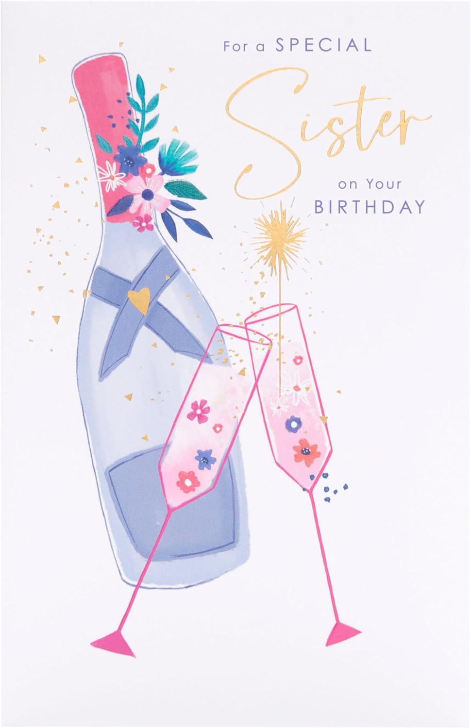 UK Greetings champagne design sister birthday card with festive champagne illustration and celebratory message.