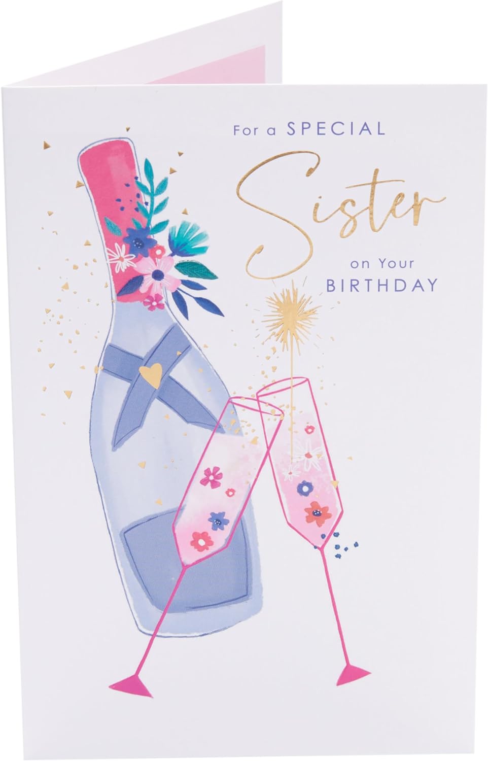 UK Greetings champagne design sister birthday card with festive champagne bottle and cheerful greeting for celebrating a sister's birthday.