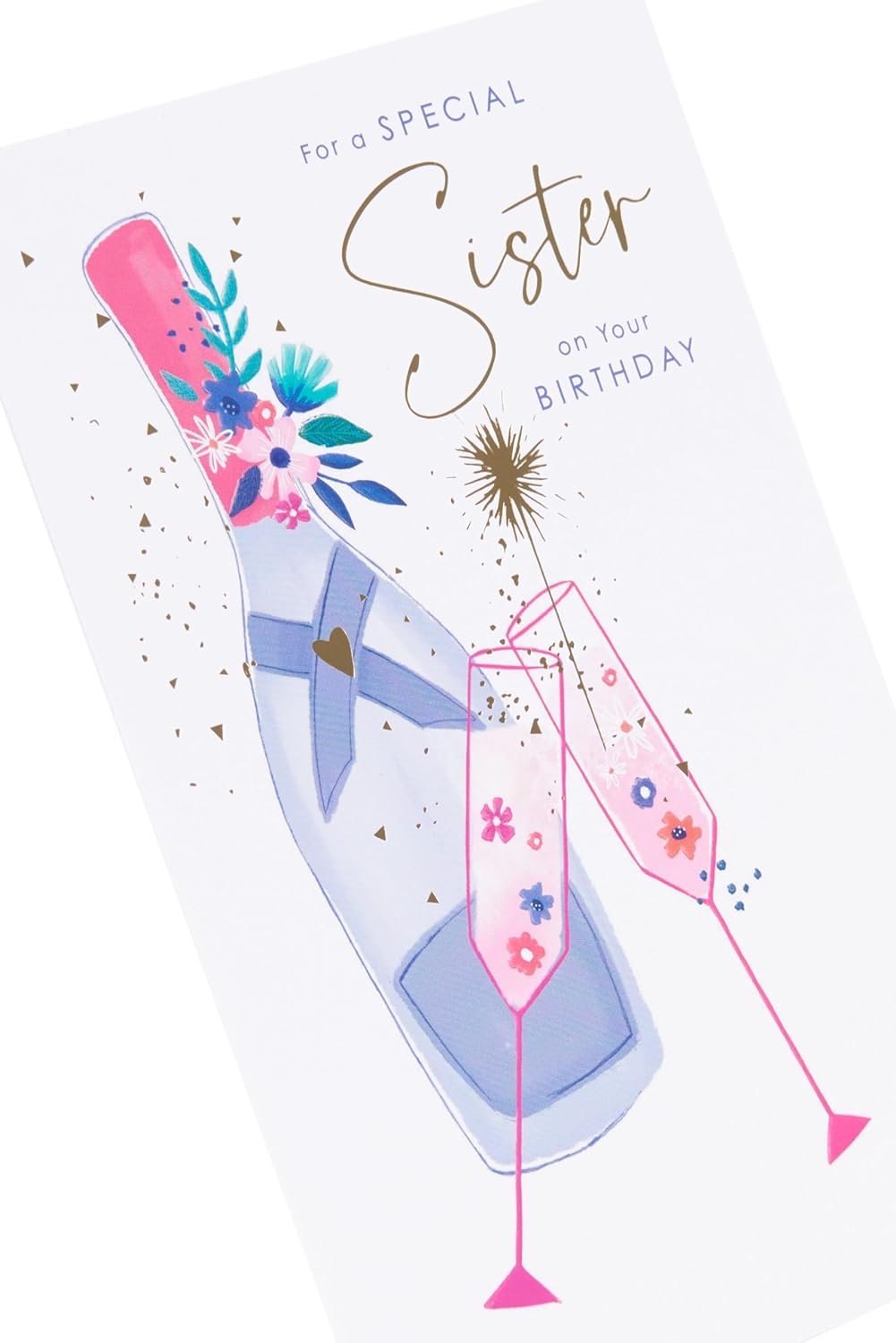 UK Greetings champagne design sister birthday card featuring elegant celebration imagery and heartfelt message for special occasions.