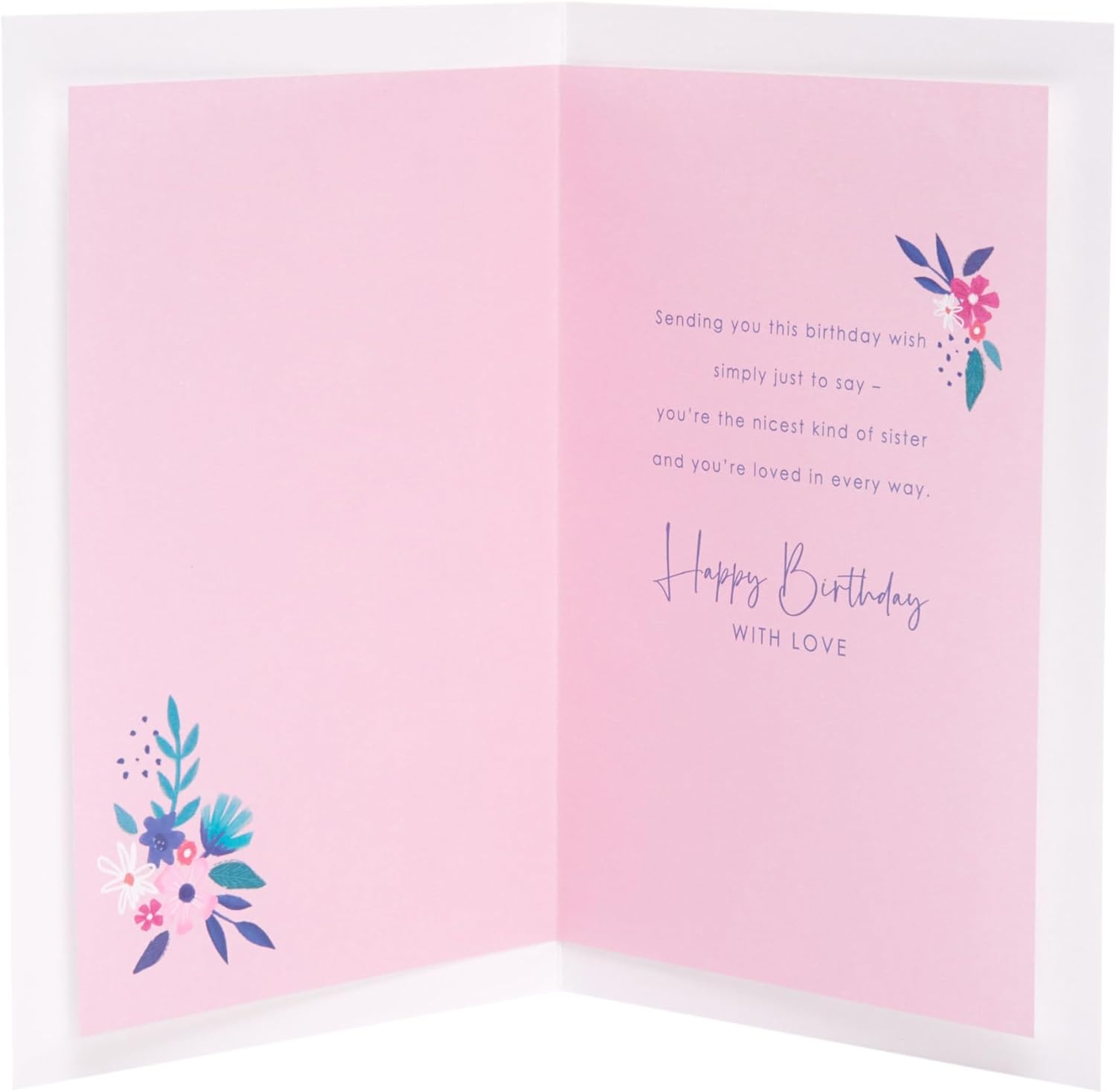 UK Greetings Champagne Design Sister Birthday Card, colorful greeting card with celebratory champagne illustration and floral accents.