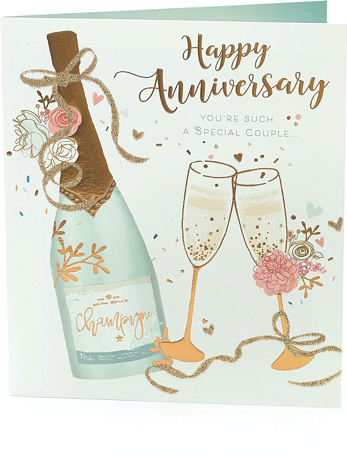 UK Greetings wedding anniversary card with champagne gold foil design for a special couple, featuring elegant decorative elements.