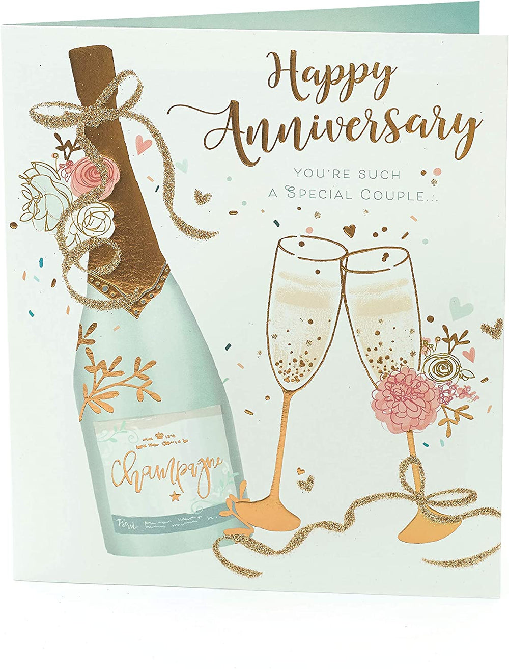 UK Greetings wedding anniversary card with champagne gold foil design for a special couple, featuring elegant decorative elements.