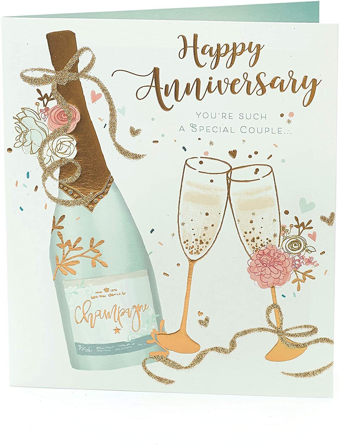 UK Greetings wedding anniversary greeting card with champagne gold foil design for special couples, featuring elegant floral accents.