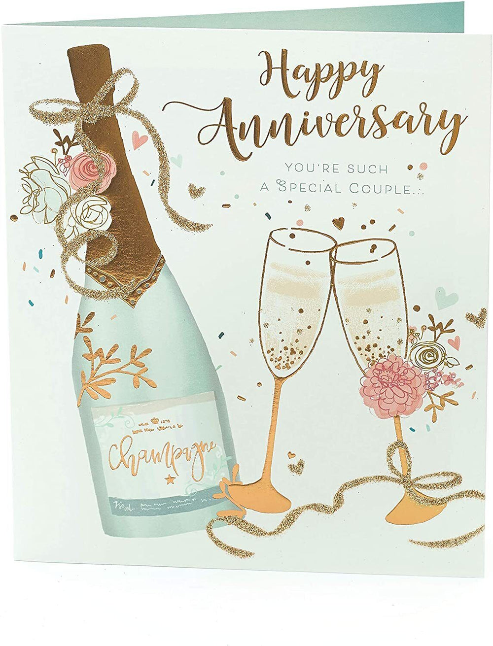 UK Greetings wedding anniversary greeting card with champagne gold foil design for special couples, featuring elegant floral accents.