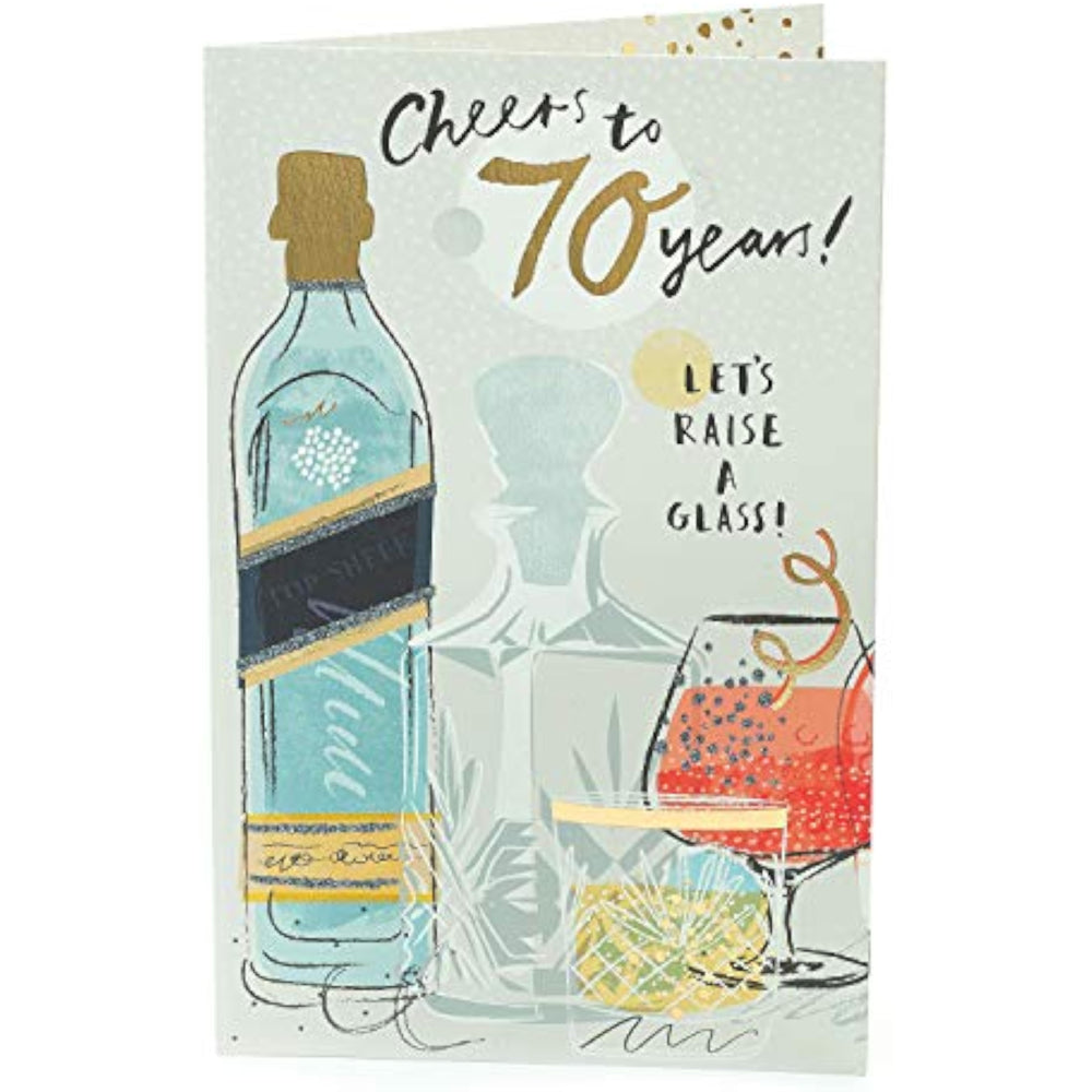 UK Greetings Cheers to 70 Years greeting card featuring a celebratory design with a glass raising theme for special milestone celebrations.
